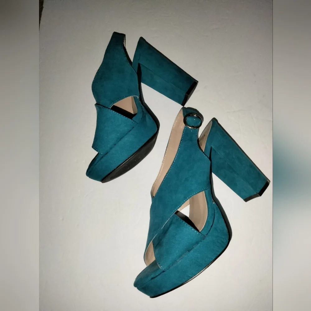 New York & Company (Sz 8) Teal Blue Open Toe Ankle Buckle Strap Platform Heels